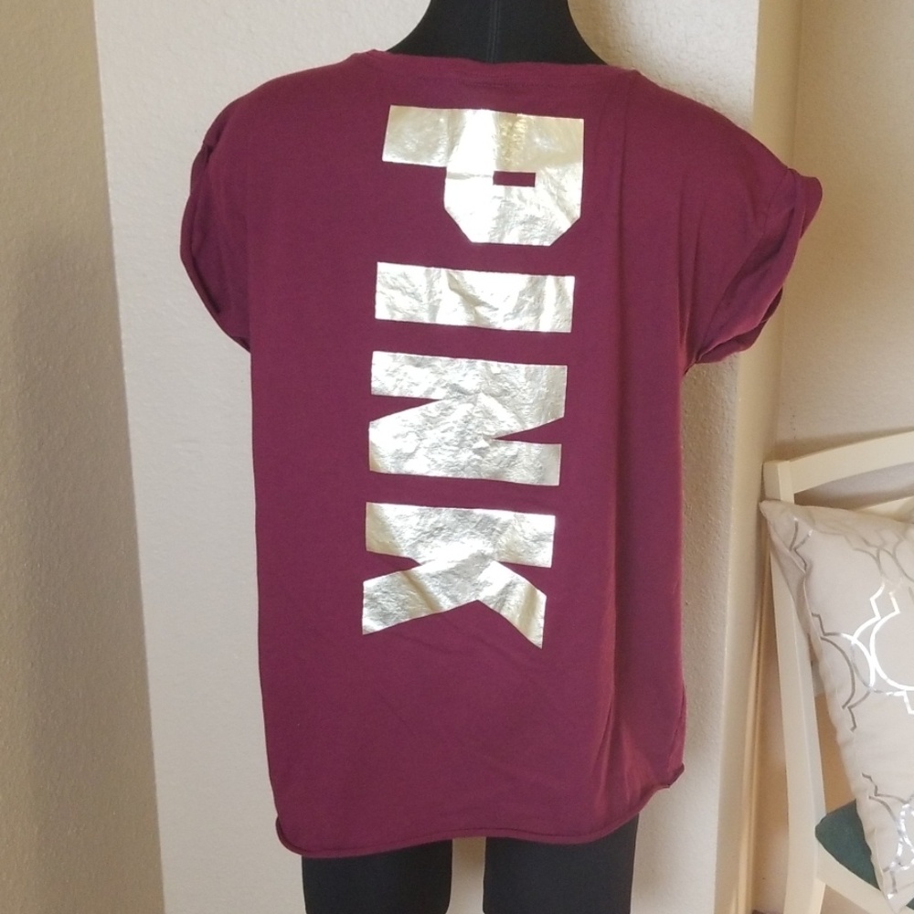 Pink Victorias Secret Roll Sleeve Maroon Gold Shirt